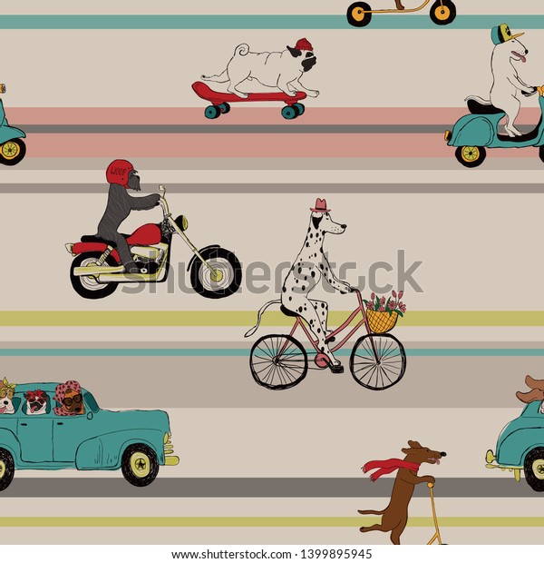 Funny seamless pattern with\
cute dogs driving car, riding bike, scooter, motorcycle and\
skateboard. 