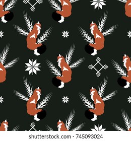 Funny seamless pattern with cute foxes.Colorful vector background.Textile texture