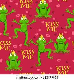 Funny seamless pattern with cute frogs, lips and hearts. Vector background with happy animals. Kiss me. 