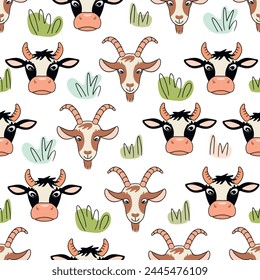 Funny seamless pattern with cute goat and cow heads.Cartoon farm animals with plants on white background.Dairy cattle and floral elements.Vector design for fabric,packaging,wallpaper,cover.