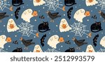 Funny seamless pattern with cute halloween characters.Cartoon background with crow,black cat,ghost with pumpkins,bat,spider and cobweb.Colorful vector design for printing on fabric and paper,cover.
