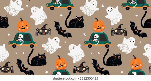 Funny seamless pattern with cute halloween characters.Cartoon background with skeleton in a car, pumpkin, spider in a hat, black cat, ghosts and a bat.Vector design for printing on fabric and paper.