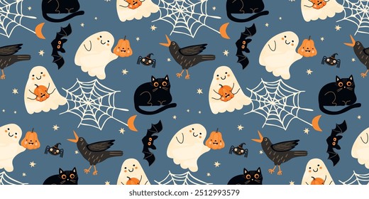 Funny seamless pattern with cute halloween characters.Cartoon background with crow,black cat,ghost with pumpkins,bat,spider and cobweb.Colorful vector design for printing on fabric and paper,cover.