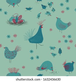 Funny seamless pattern with cute hen, rooster, chickens and flowers. Baby nursery wallpaper.