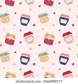 funny seamless pattern of cute jars with jam. vector illustration for print, decoration , cards