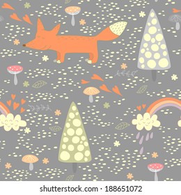 Funny seamless pattern with a cute little fox. EPS 10. No transparency. No gradients.