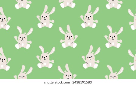 Funny seamless pattern with cute little bunny.Cartoon animal background or texture for printing on fabric and paper.Nursery wall decor with eared character.Banner template,cover.Vector illustration. 