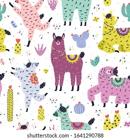 Funny seamless pattern with cute llamas and cactuses. Creative background with alpaca and cacti in Scandinavian style. Hand drawn elements for kids design. Trendy vector illustration