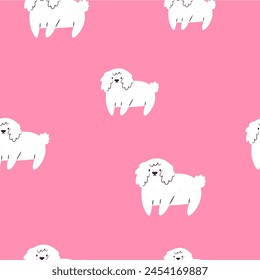 Funny seamless pattern with cute Maltese dogs on pink background. Cute design with pet characters