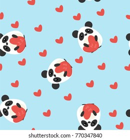 Funny seamless pattern with cute pandas and heart shapes. Flat design illustration