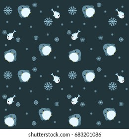 Funny seamless pattern with cute penguins, fish and snowflakes on dark background. Flat design vector illustration