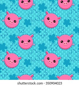 Funny seamless pattern with cute piglet faces on blue, kids vector zoo texture, square endless illustration