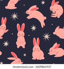Funny seamless pattern with cute pink rabbits on a dark background with stars. Suitable for fabric, textile, wrapper, packaging, background, cover
