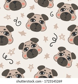 Funny seamless pattern with cute pug dogs and stars for wallpaper, wrapping paper, coverage, textile, fabric, kids clothes print and other design. Flat vector hand drawn illustration.