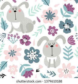Das sonnige, nahtlose Muster mit süßen Kaninchen und Blumen im skandinavischen Stil auf weißem Hintergrund für Kinder. Tierkartoon-Hintergrund für Babytextilien, Wickelpapier, Tapete in Vektorillustration.