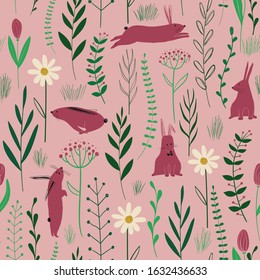 Funny seamless pattern with cute rabbits in wildflowers and plants. Baby nursery wallpaper.