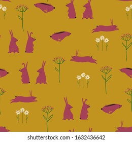 Funny seamless pattern with cute rabbits and wildflowers. Baby nursery wallpaper.