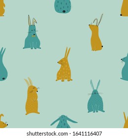 Funny seamless pattern with cute rabbits. Colorful baby nursery wallpaper.