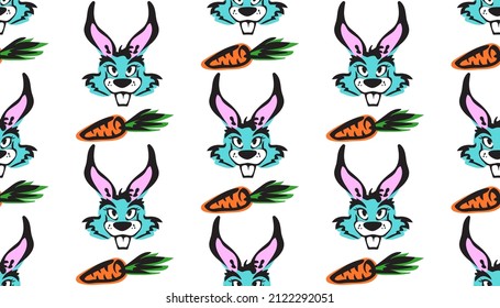 Funny seamless pattern with cute rabbits and carrots on white background.