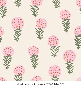 Funny seamless pattern with cute round pink flowers on a white background. Trendy doodle hand drawn texture in vector. Perfect for fabric cloth design wallpapers gift wrap and scrapbooking.