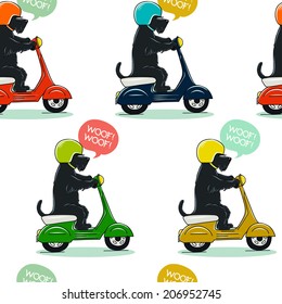 Funny seamless pattern with cute Scottish terrier riding old school scooter. Tiling animal background made of hand drawn cartoon dogs on motorbikes.