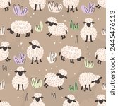 Funny seamless pattern with cute sheep.Farm animals grazing among the bushes.Cartoon characters and doodle elements.Pastel color background for printing on fabric and paper.Vector design for nursery.