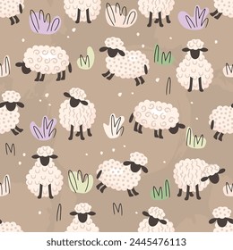 Funny seamless pattern with cute sheep.Farm animals grazing among the bushes.Cartoon characters and doodle elements.Pastel color background for printing on fabric and paper.Vector design for nursery.