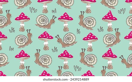 Divertido patrón sin fisuras con caracol lindo y agaric.Background mosca con carácter de dibujos animados, boletus y línea dibujada hierba.Vector diseño para su uso en tela, cubierta, papel pintado.Colorida decoración de la pared del vivero.