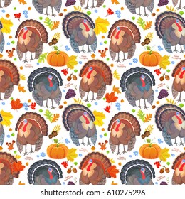 funny seamless pattern with cute turkeys. happy thanksgiving day