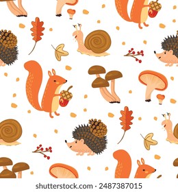 Funny seamless pattern with cute wild animals, fall leaves and mushrooms.Hedgehog with a pine cone, squirrel with an acorn and  snail.Vector design isolated on white background.Flat color illustration