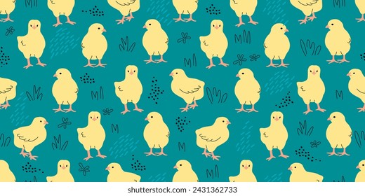 Divertido patrón sin costuras con lindos pollos amarillos y elementos de doodle florales. Fondo animal de granja o textura para la impresión en tela y papel. Plantilla de banner de Pascua, cover.