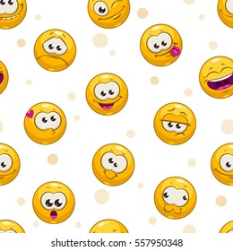 Funny seamless pattern with cute yellow round faces on white background. Vector texture.