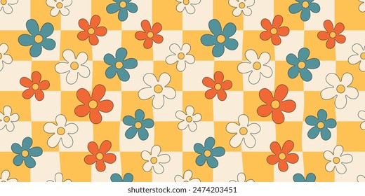 Lustiges nahtloses Muster mit Gänseblümchen, in einem groovigen Retro-Stil auf einem leicht karierten Hintergrund, 60er, 70er Jahre, Vintage. Vektorillustration EPS10