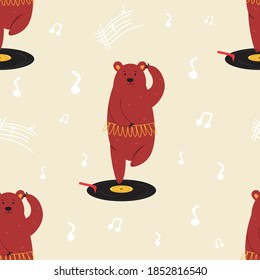 Funny seamless pattern with a dancing ballerina bear. Vector illustration for wrapping paper, textile, fabric, kids apparel