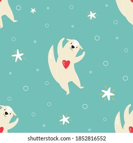 Funny seamless pattern with funny dancing otters. Vector illustration for wrapping paper, textile, fabric, kids apparel