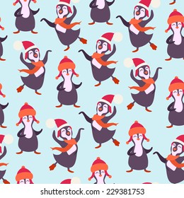 Funny seamless pattern with dancing penguins. Vector illustration for design, wallpaper,textile, wrapping