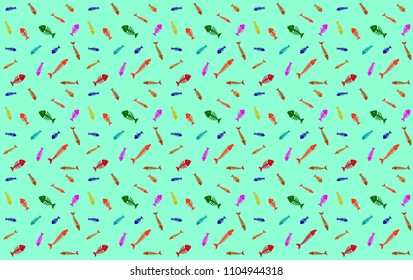 Funny seamless pattern with different color fish skeletons on blue background