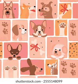 Funny seamless pattern with different dog breeds,paws and bone.Mosaic grunge background with cute animals.Cartoon print on fabric and paper.Vector design for textile,package.Flat color illustration.