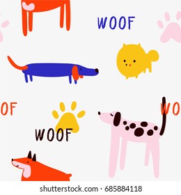 Funny seamless pattern with different Dogs. Cute animals background with Dogs in scandinavian style.