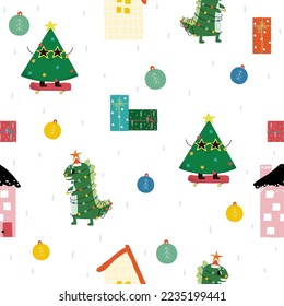 Funny seamless pattern with dinosaur, Christmas trees, gift boxes. Winter holiday print. Vector hand drawn illustration.