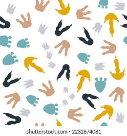 Funny seamless pattern with dinosaur footprints. Cute kids print. Vector hand drawn illustration.