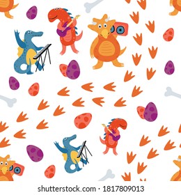 Funny seamless pattern with dinosaurs on white background. Texture with trendy characters for the design of children's textiles, Wallpaper, packaging paper. vector illustration