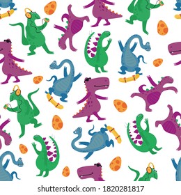 Funny seamless pattern with dinosaurs on white background. Texture with trendy characters for the design of children's textiles, Wallpaper, packaging paper. vector illustration