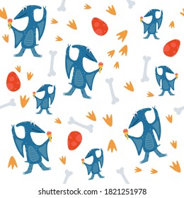 Funny seamless pattern with dinosaurs on white background. Texture with trendy characters for the design of children's textiles, Wallpaper, packaging paper. vector illustration