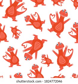Funny seamless pattern with dinosaurs on white background. Texture with trendy characters for the design of children's textiles, Wallpaper, packaging paper. vector illustration