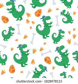Funny seamless pattern with dinosaurs on white background. Texture with trendy characters for the design of children's textiles, Wallpaper, packaging paper. vector illustration