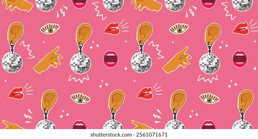 Funny seamless pattern with disco ball earrings,human hands,lips, eyes.Cartoon elements on pink background.Pop Art style design for printing on fabric and paper.Vector flat color illustration.