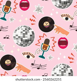 Funny seamless pattern with disco ball,glitter stars, microphone, vinyl record, hand, lips, eye.Retro elements in color on pink background.Print on fabric and paper.Vector flat style illustration.