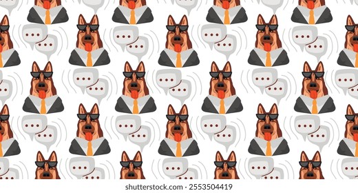 Funny seamless pattern with  dog businessman.Cartoon animal character in a suit, tie and glasses.White background with speech bubbles.Vector design for printing on fabric and paper.Flat  illustration.