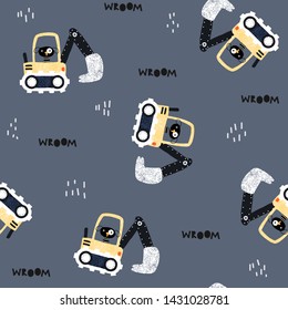 Funny seamless pattern with dog digger. Kids print for textile. Vector hand drawn illustration.